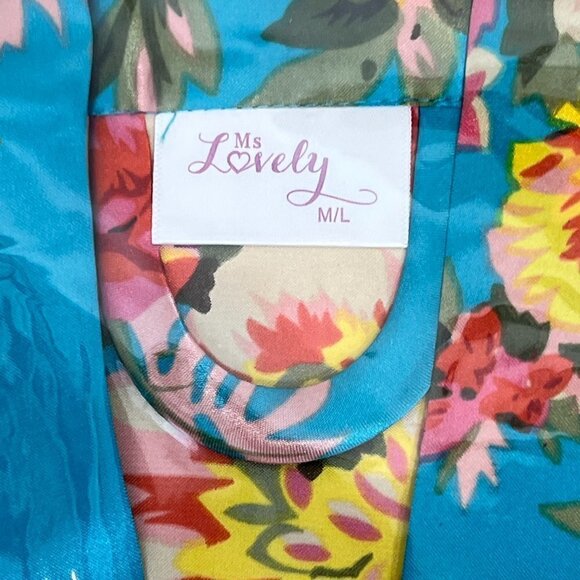 Floral Satin Robe Blue Pink Pockets Short Medium - Picture 4 of 6